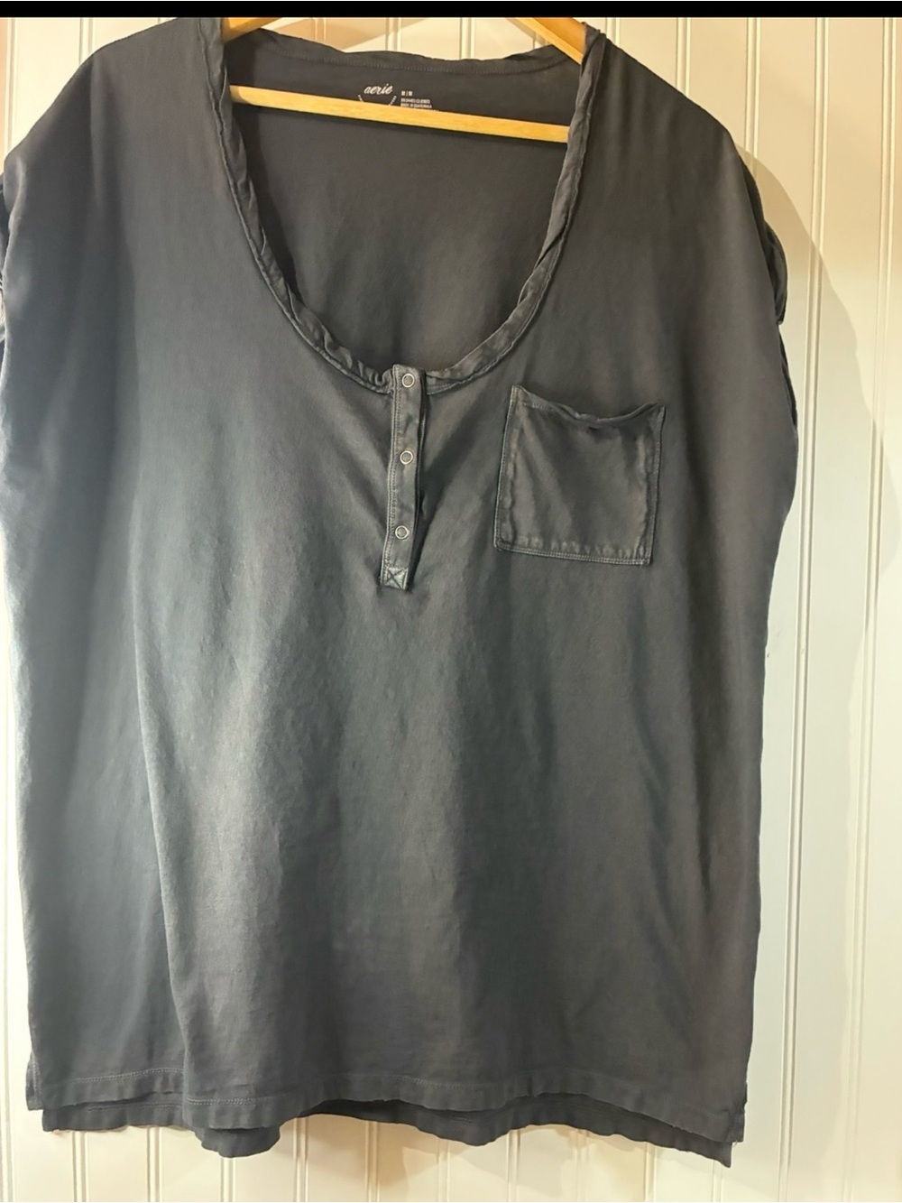 aerie Black Scoop Neck Button-Front Short Sleeve Top